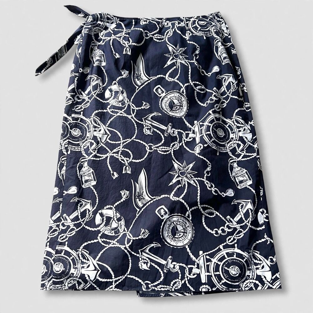 Vintage Talbots Navy Anchor Nautical Womens 12 Wrap Maxi Skirt Cotton